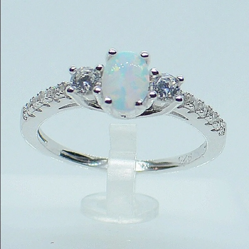 925 Sterling Silver Oval White Opal CZ Ring